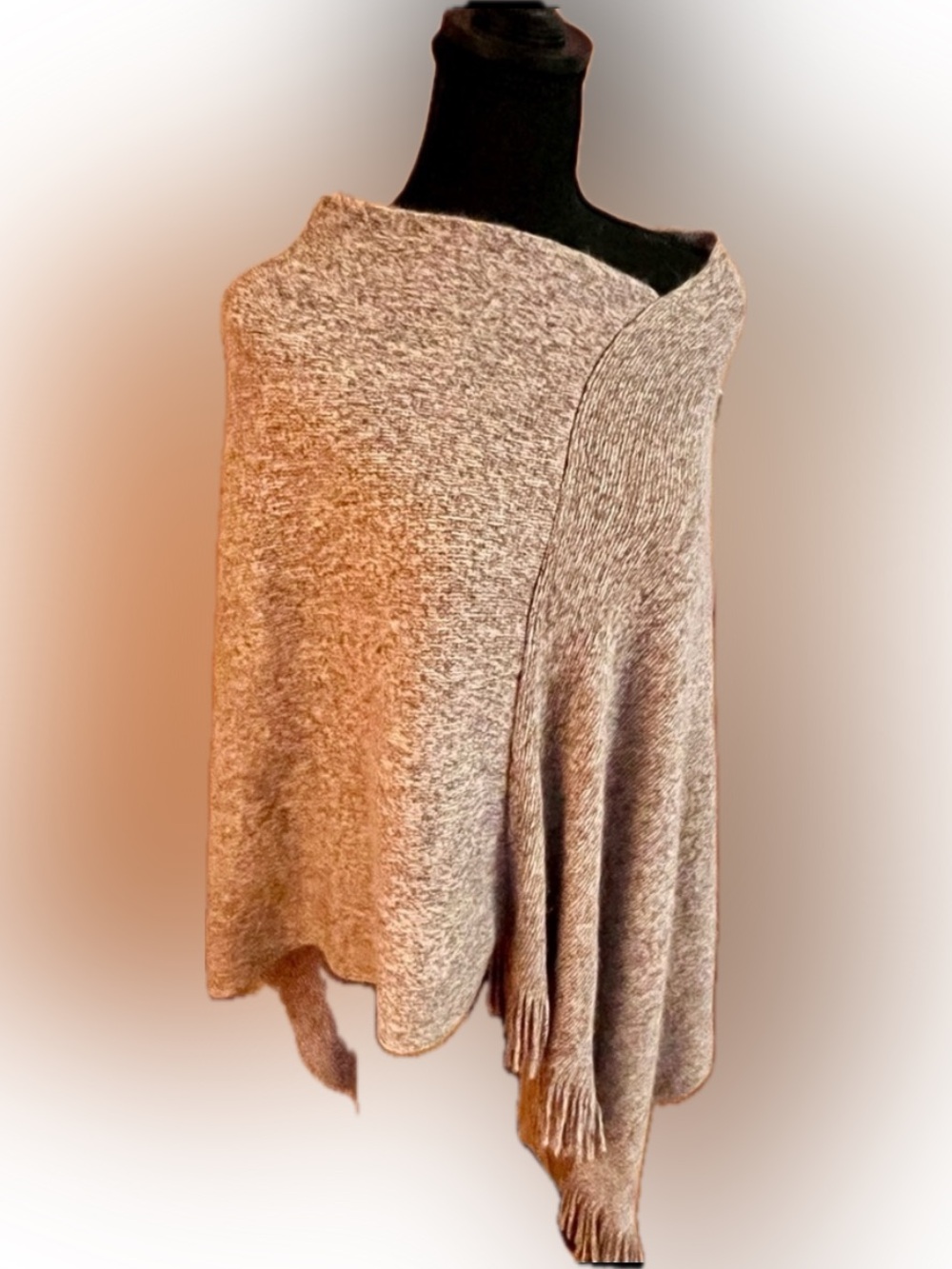 Riah Fashion Heather Gray Asymmetrical Knit Poncho Fringed Boho Sweater Wrap OS